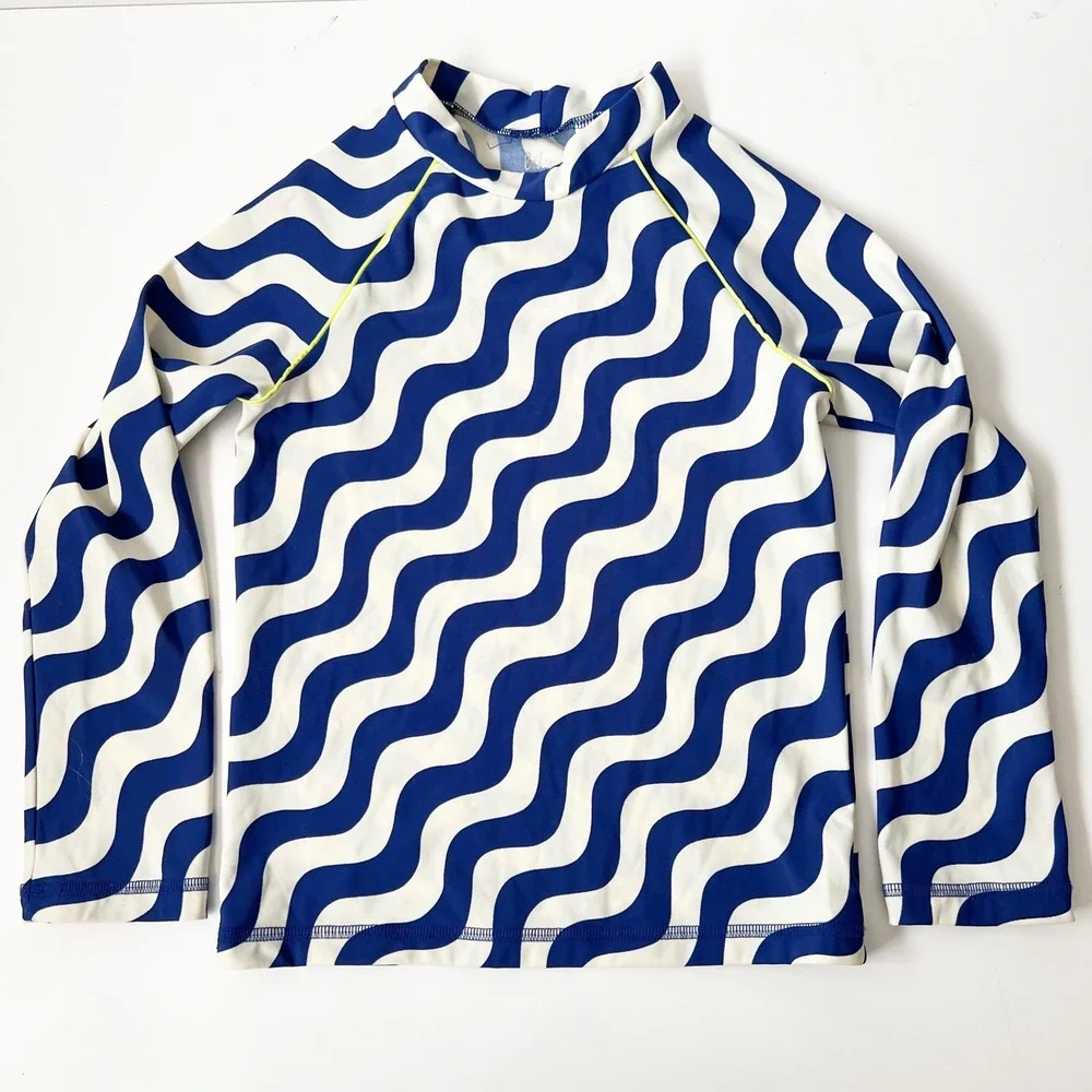 Mini Boden Rash Guard 8-9Y Blue Wavy Long Sleeve UPF 40+ Swim Shirt Top Kids